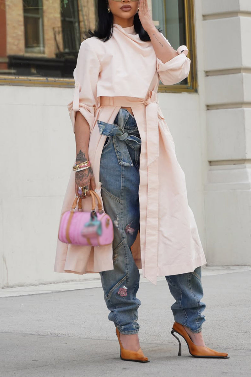 Women Asymmetrical Solid Color Trench Coat or Patchwork Washed Casual Jeans