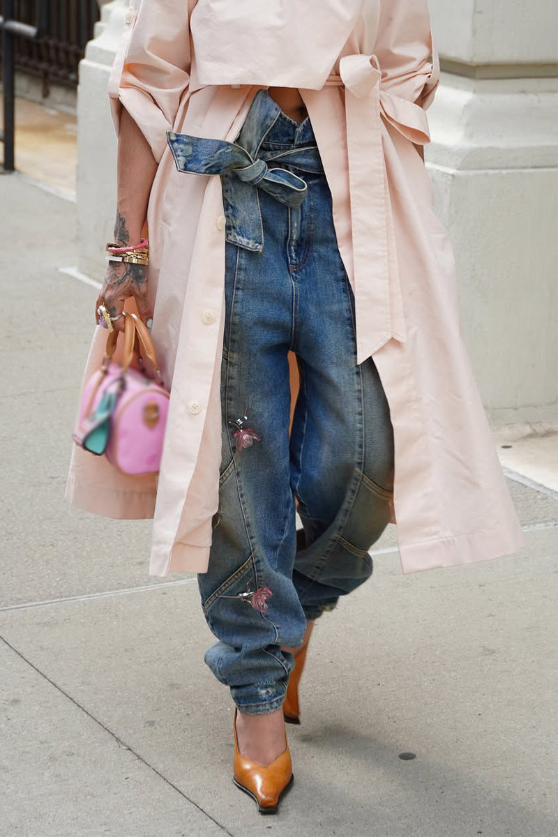 Women Asymmetrical Solid Color Trench Coat or Patchwork Washed Casual Jeans
