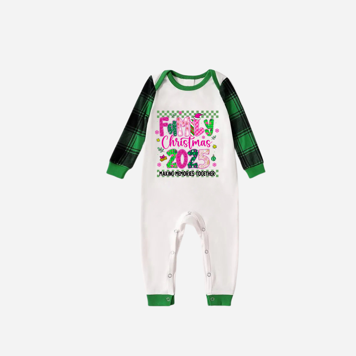 "Family Christmas 2025" Faux Glitter Green Raglan Sleeves and Green Plaid Christmas Pajamas Set