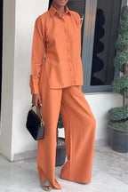 Women Collar Side Slit Shirt + Wide Leg Pants Casual Set