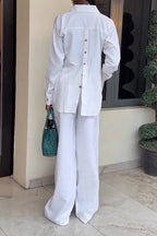 Women Collar Side Slit Shirt + Wide Leg Pants Casual Set