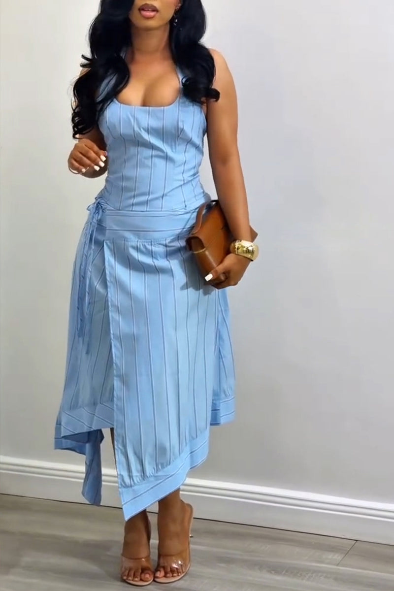 Women's Casual Stripe Asymmetric Skirt Set