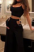 Women's Black Halter Choker Crop Tank Cutout Rhinestone Chain Wide Leg Pants