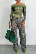 Women Casual One Collar Printed Top or Workwear Jeans