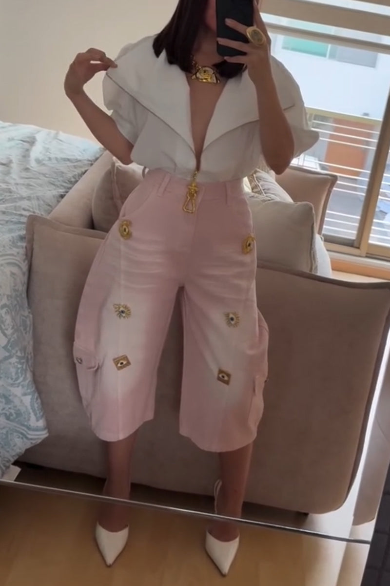 Women Large Collar Zipper Shirt or Washed Metal Decorative Wide Leg Pants