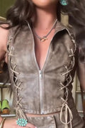 Women's Sleeveless Zip Front Collared Top With Tie Detail Or Side Tie Cropped Skirt