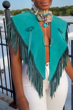 Women Sexy Temperament Spliced with Tassel Vest or Ripped Flared Jeans