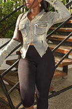 Women Casual Washed Denim Top with A Lapel and A Fitted Waist