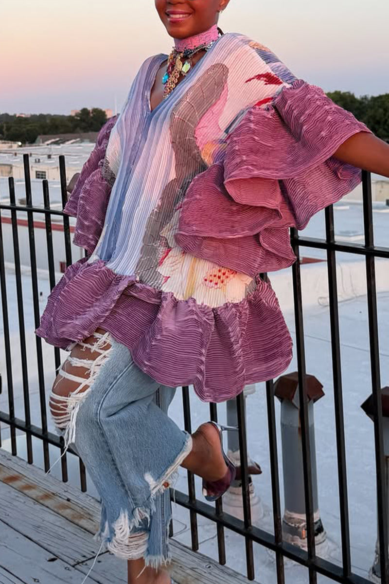 Women V-neck Pleated Printed Elegant Casual Top