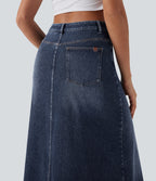 FlexTM Asymmetric Mid Rise Denim Maxi Casual Skirt with Pockets