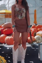 Women's Printed Sleeveless Irregular Hem Vacation Top Or Slit Leather Mini Skirt