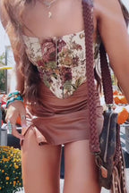 Women's Printed Sleeveless Irregular Hem Vacation Top Or Slit Leather Mini Skirt