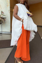 Women Round Neck Irregular Solid Color Top or Wide Leg Pants