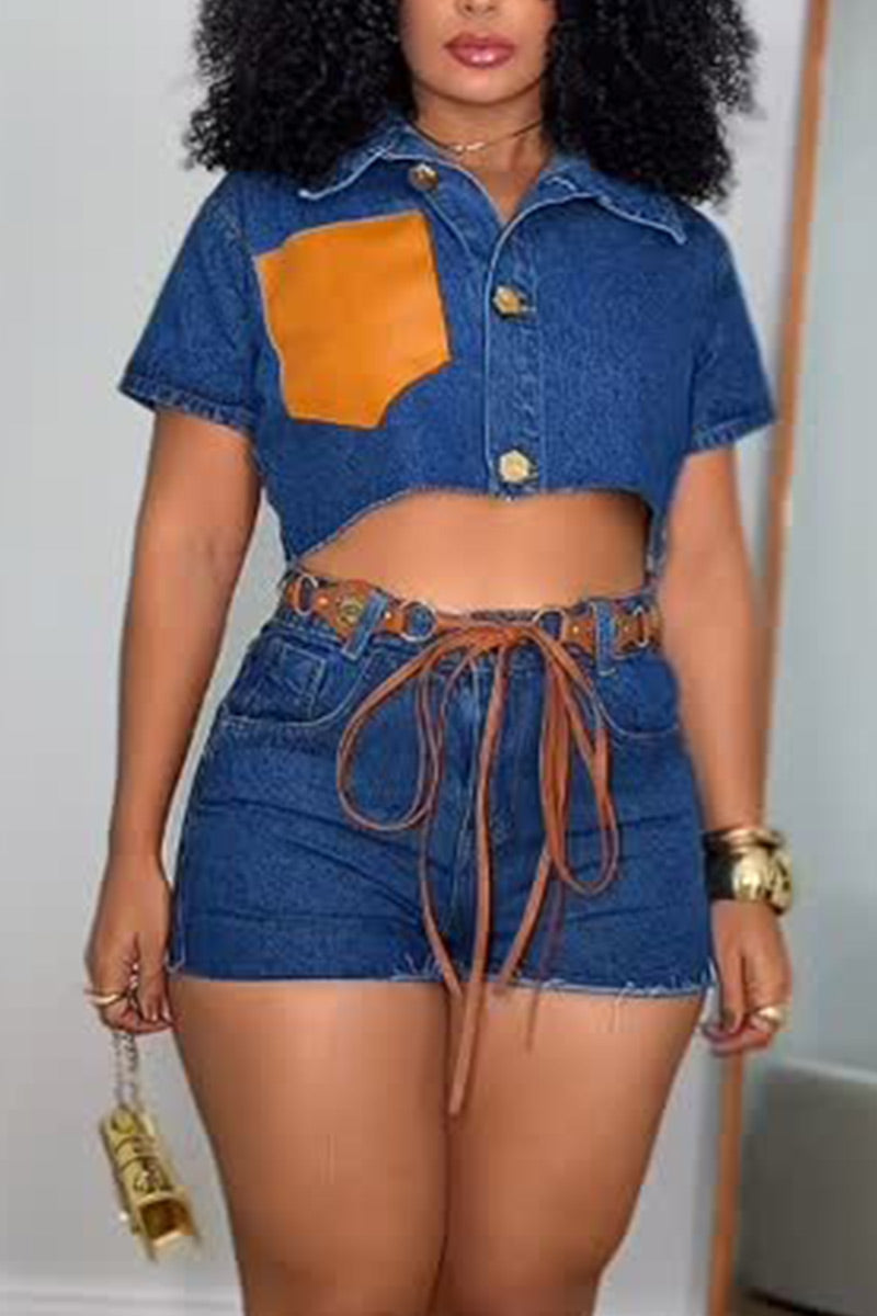 Women's Lapel Short Sleeve Contrast Orange Faux Leather Pocket Raw Edge Crop Denim Shirt Or High Waist Raw Cut Hem Denim Shorts With Vintage Metal Tassel Belt