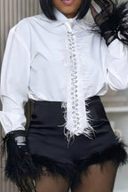 Women's TwoPiece Commuter Top With Rhinestone And Frayed Edges Or Bodycon Short Skirt With Frayed Hem