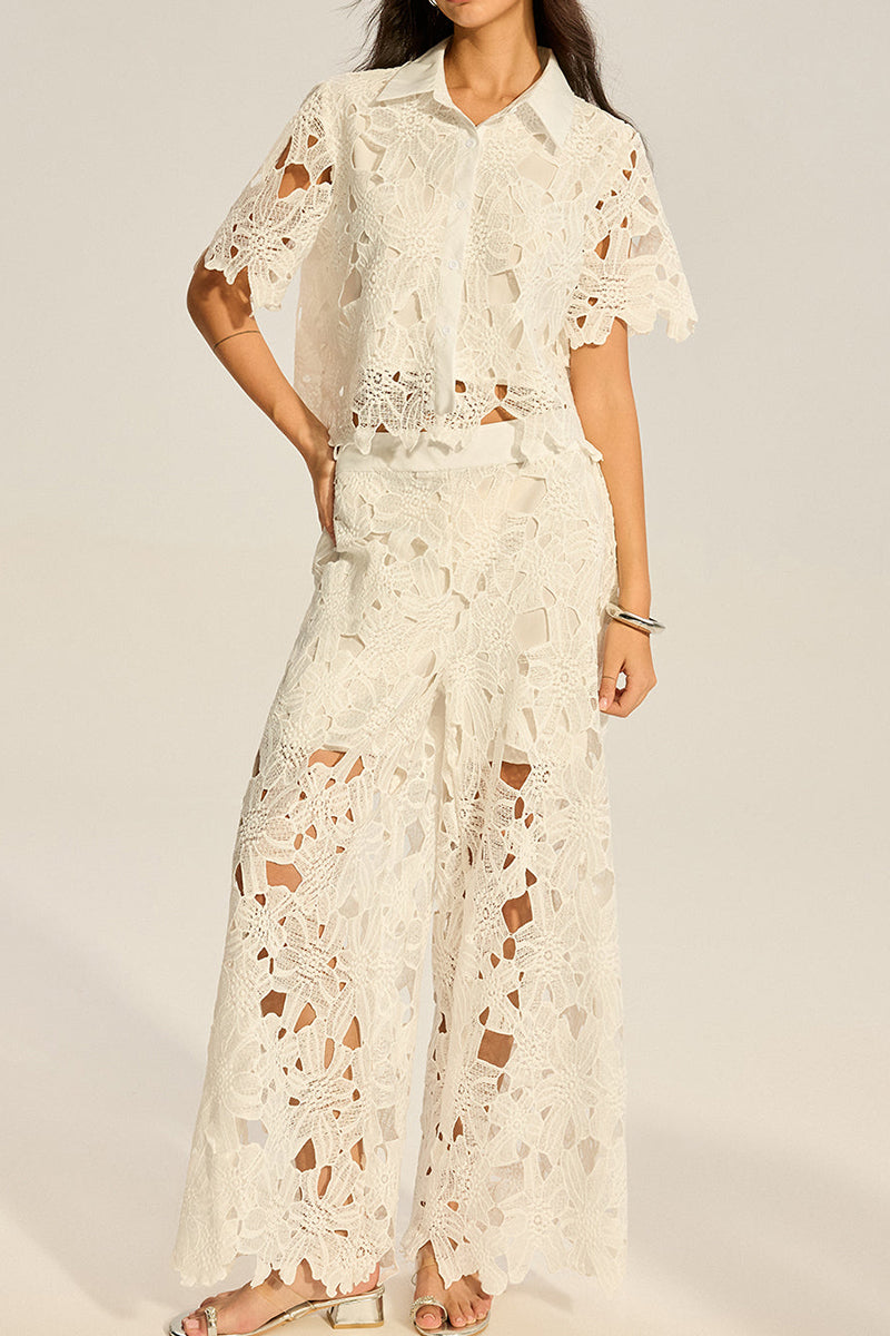 Women's Hollowed Out Collar Short Sleeved Vacation Top Or Hollow Out Textured Wide Leg Trousers