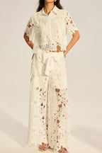 Women's Hollowed Out Collar Short Sleeved Vacation Top Or Hollow Out Textured Wide Leg Trousers