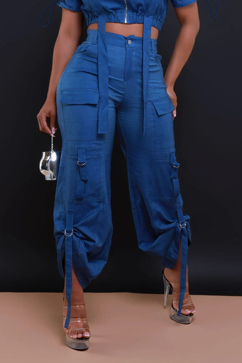 Women's Short Sleeve Stand Collar Zip Front Drawstring Ruched Crop Top Or High Waist Multi-Pocket Cargo Pants With Adjustable Tie Straps