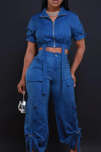 Women's Short Sleeve Stand Collar Zip Front Drawstring Ruched Crop Top Or High Waist Multi-Pocket Cargo Pants With Adjustable Tie Straps