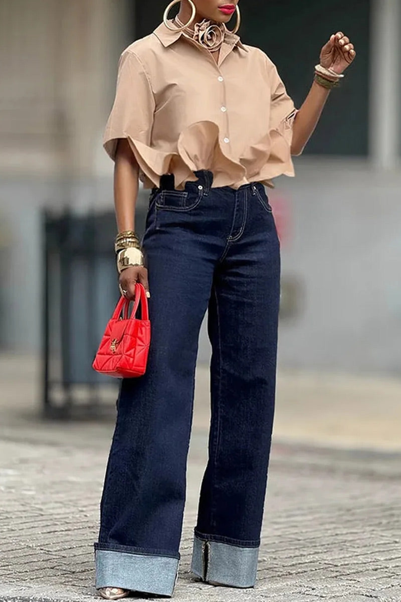Women Office Chic Flounce Cut Out Front Long Lantern Sleeve Cropped Shirt