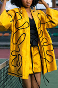 Women Oversized Wide Cuff Satin Kimono Jacket With Abstract Black Line Piping Detail