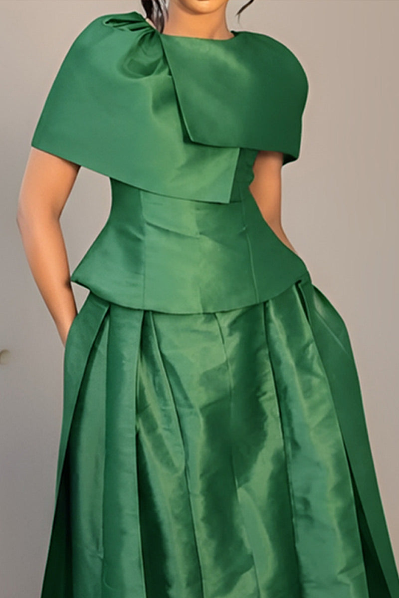 Women's Shiny Satin Cape Collar Ruched Waist Peplum Short Top Or High Waist Voluminous Pleated Side Hidden Pocket Satin Midi Skirt