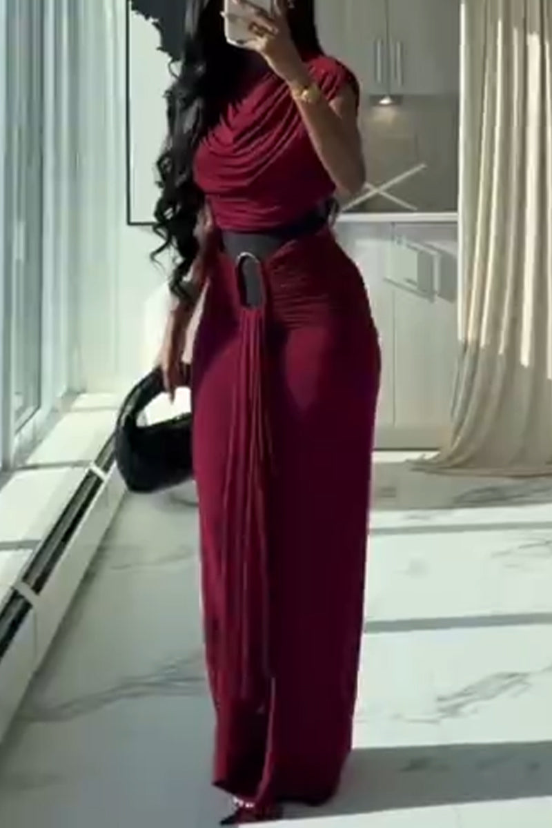 Women Round Neck Waist Cinched Slim Fit Elegant Temperament Maxi Dresses