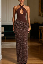 Women Neck Hanging Patchwork Sequin Elegant Temperament Dress