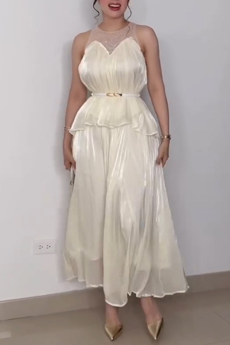 Women Round Neck Rhinestone Splicing Sleeveless Top+ Half Skirt Elegant Casual Set