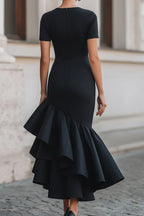 Women Black Crew Neck Short Sleeve Ruched Waist Irregular Ruffle Split Mermaid Midi Dress