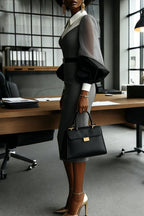Women Contrast Lapel Sheer Balloon Sleeve Belted Slim Pencil Midi Work Dress