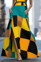 Women Multi Tone Geometric Color Block Short Sleeve Waist Belt Split Pocket Maxi Dress