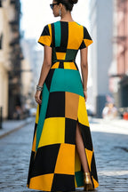 Women Multi Tone Geometric Color Block Short Sleeve Waist Belt Split Pocket Maxi Dress