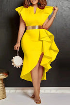 Women Solid Yellow V Neck Flutter Shoulder Metal Waist Belt Ruffle Split Midi Party Dress