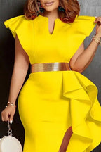 Women Solid Yellow V Neck Flutter Shoulder Metal Waist Belt Ruffle Split Midi Party Dress