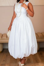 Women Solid White Sleeveless Round Neck Waist Cinch Bubble Puff Midi Dress