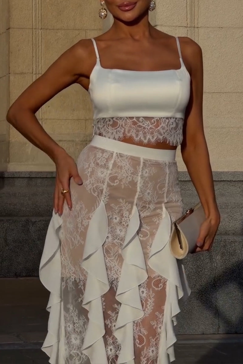 Women's Elegant Lace Panel Cami Flounce Skirt Set