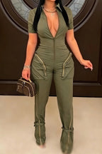 Women Olive Green Sleeveless Collar Zip Up Multi Cargo Pocket Cuffed Jumpsuit