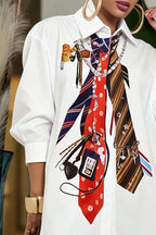 Women White Graphic Tie Print Collar Puff Sleeve Oversized Long Shirt Blouse
