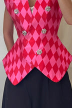 Women Retro Argyle Check Sleeveless Rhinestone Double Breasted Waist Cinch Vest