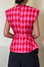 Women Retro Argyle Check Sleeveless Rhinestone Double Breasted Waist Cinch Vest