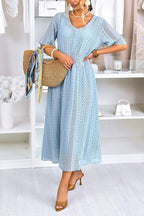 Women's Casual Crewneck Lace Cutout Maxi Dress