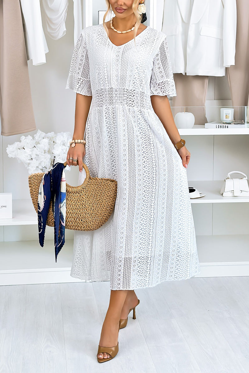 Women's Casual Crewneck Lace Cutout Maxi Dress