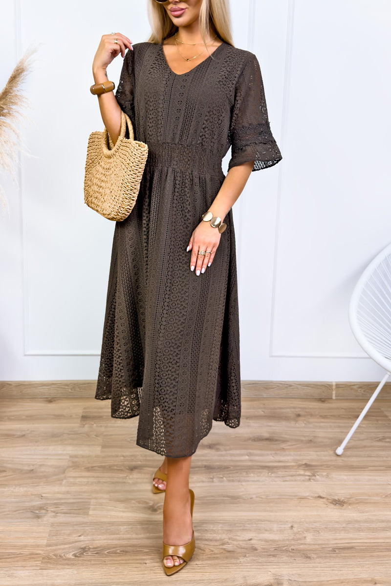 Women's Casual Crewneck Lace Cutout Maxi Dress