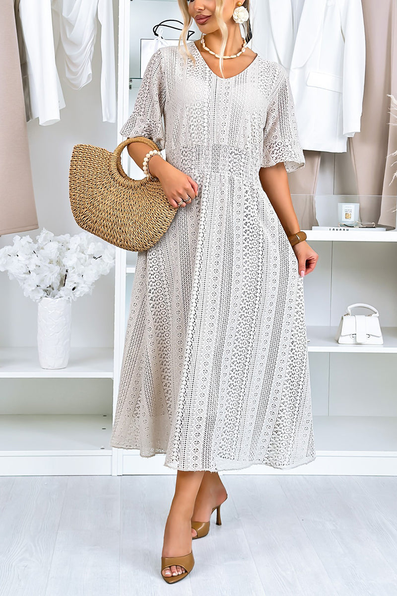 Women's Casual Crewneck Lace Cutout Maxi Dress