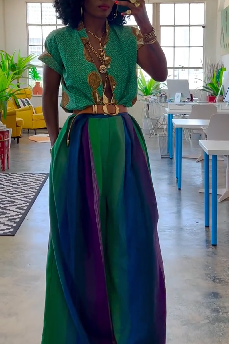 Women Casual V-neck Printed Top or Contrasting Wide Leg Pants