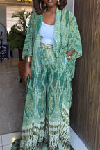 Women Long Printed Cardigan+ Wide Leg Pants Casual Set