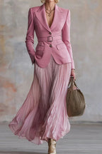 Women Collar Jacket+ Pleated Skirt Elegant Temperament Commuting Set