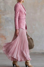 Women Collar Jacket+ Pleated Skirt Elegant Temperament Commuting Set
