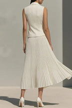 Women Collar Sleeveless Top+ Pleated Skirt Elegant Temperament Commuting Set